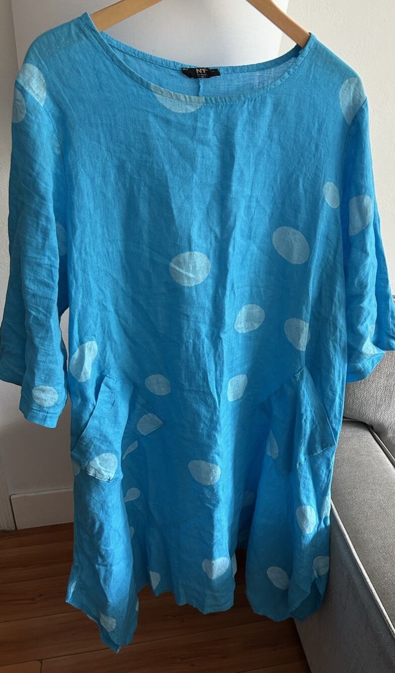 Linen Blue Tunic Dress Polka Dots Made In Italy Lagenlook Oversized Pockets